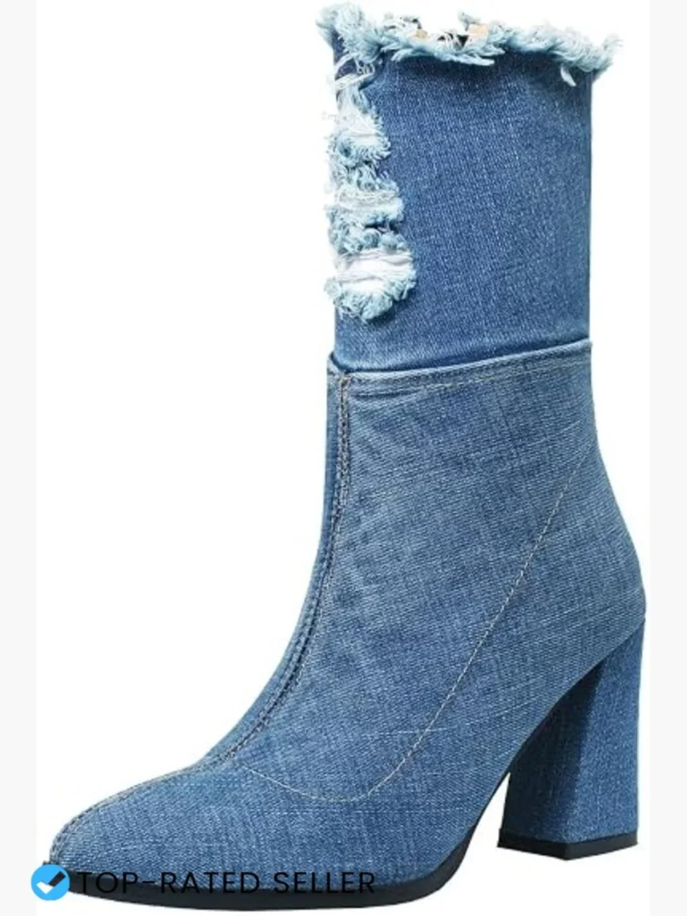 Women's Denim Thigh High Boots Cutout Over The Knee Chunky Heel Boots